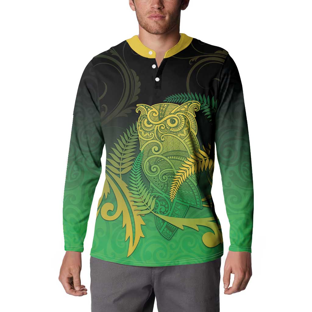 New Zealand Aotearoa Ruru Button Sweatshirt Maori Fern Art Green