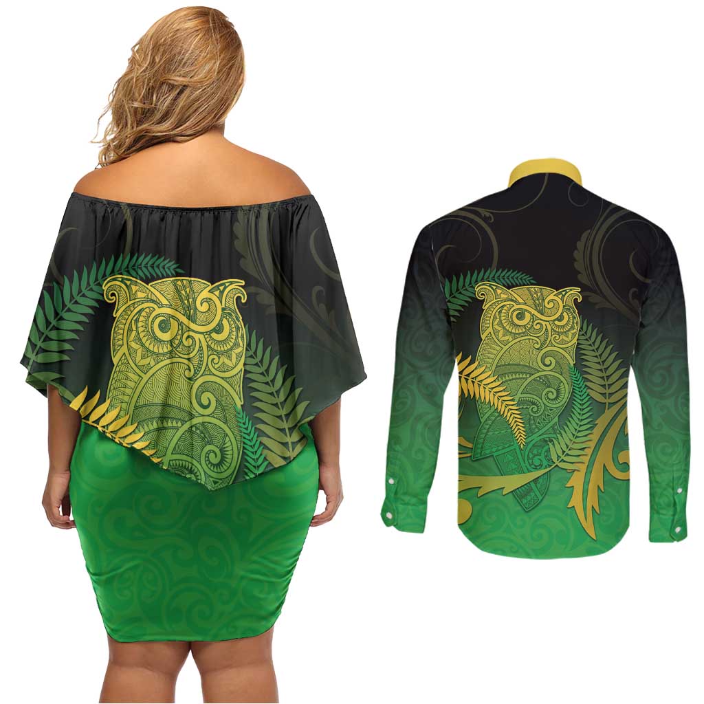 New Zealand Aotearoa Ruru Couples Matching Off Shoulder Short Dress and Long Sleeve Button Shirt Maori Fern Art Green