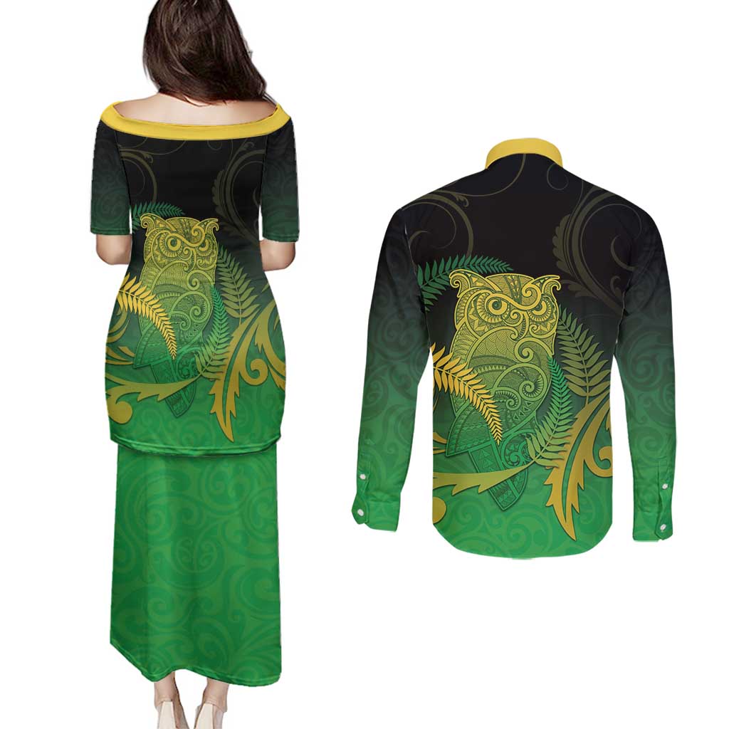 New Zealand Aotearoa Ruru Couples Matching Puletasi and Long Sleeve Button Shirt Maori Fern Art Green