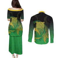 New Zealand Aotearoa Ruru Couples Matching Puletasi and Long Sleeve Button Shirt Maori Fern Art Green