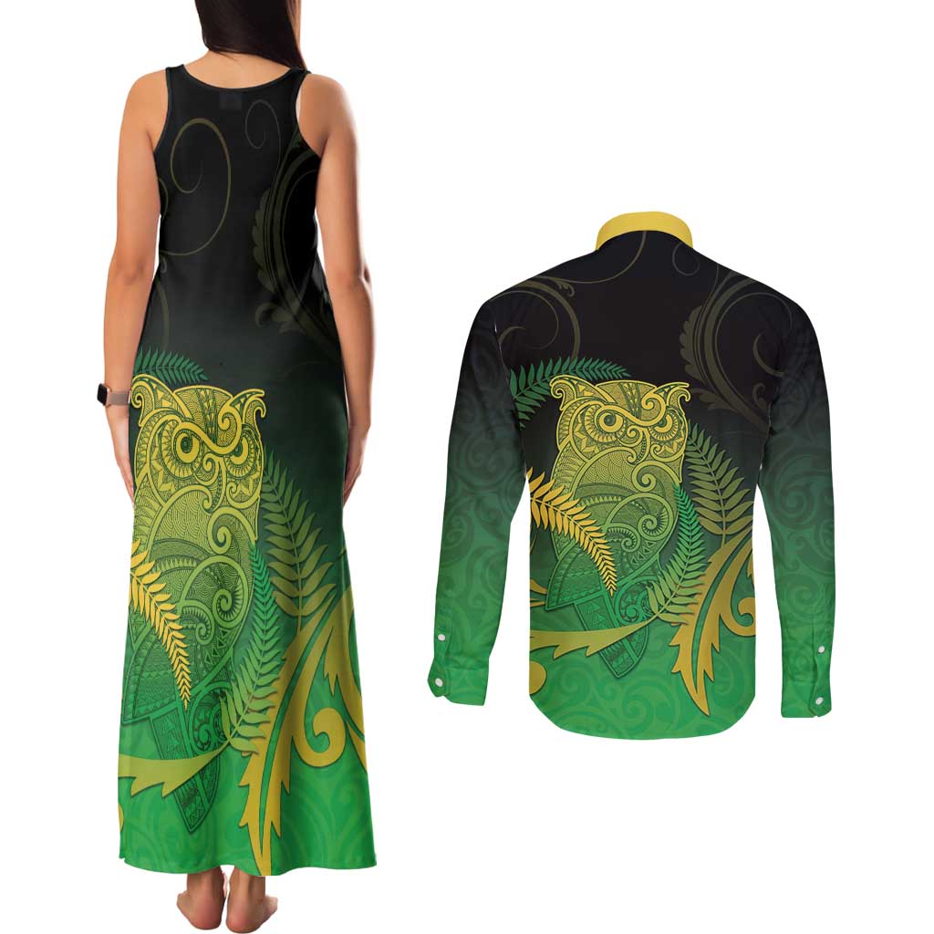 New Zealand Aotearoa Ruru Couples Matching Tank Maxi Dress and Long Sleeve Button Shirt Maori Fern Art Green