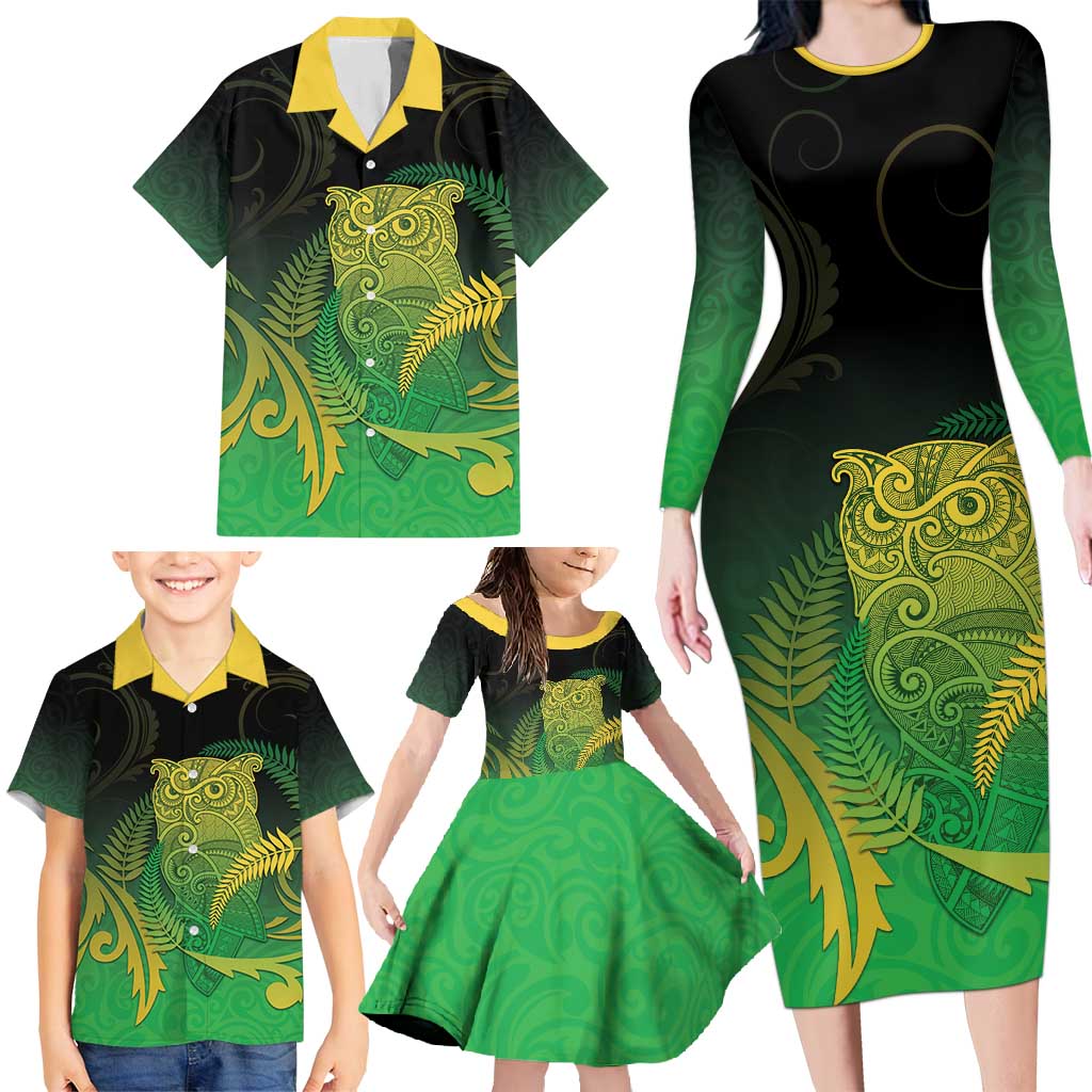 New Zealand Aotearoa Ruru Family Matching Long Sleeve Bodycon Dress and Hawaiian Shirt Maori Fern Art Green