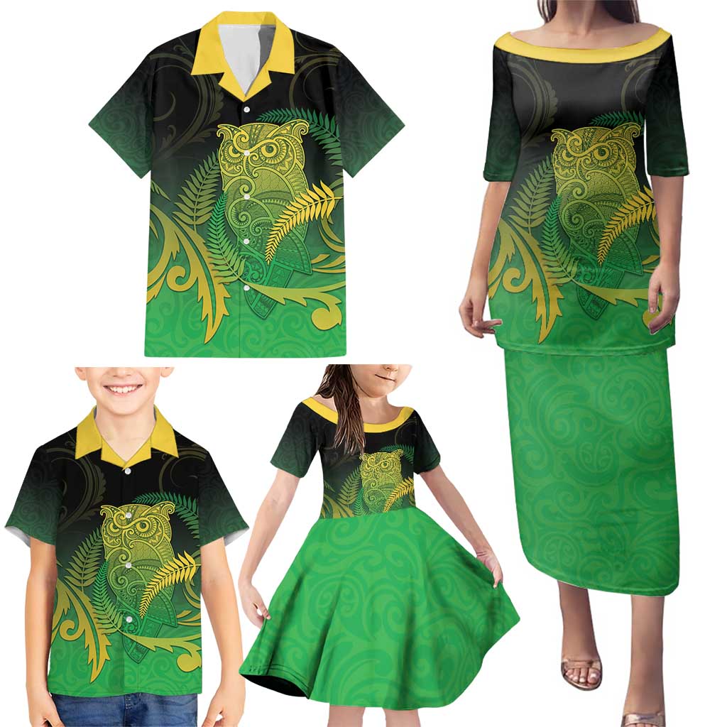 New Zealand Aotearoa Ruru Family Matching Puletasi and Hawaiian Shirt Maori Fern Art Green