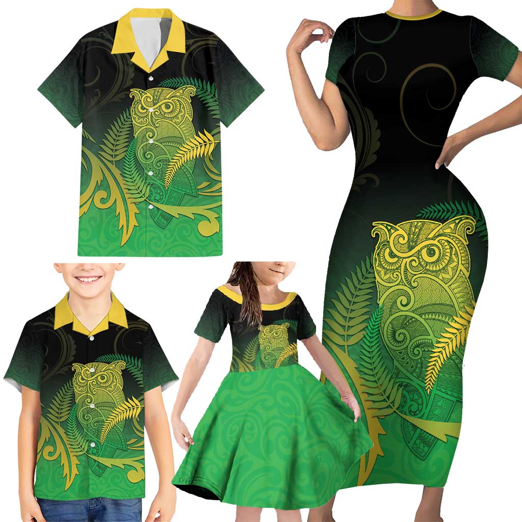 New Zealand Aotearoa Ruru Family Matching Short Sleeve Bodycon Dress and Hawaiian Shirt Maori Fern Art Green