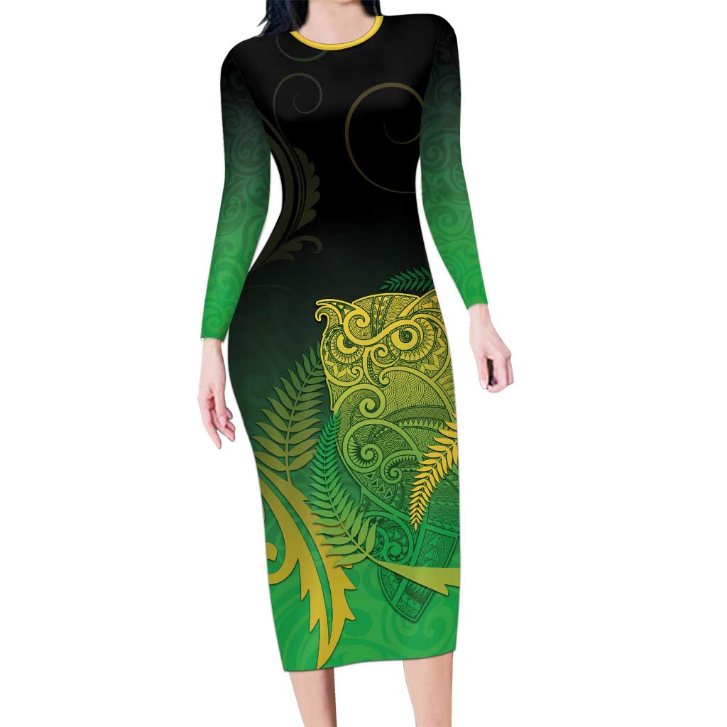 New Zealand Aotearoa Ruru Long Sleeve Bodycon Dress Maori Fern Art Green