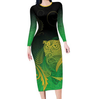 New Zealand Aotearoa Ruru Long Sleeve Bodycon Dress Maori Fern Art Green