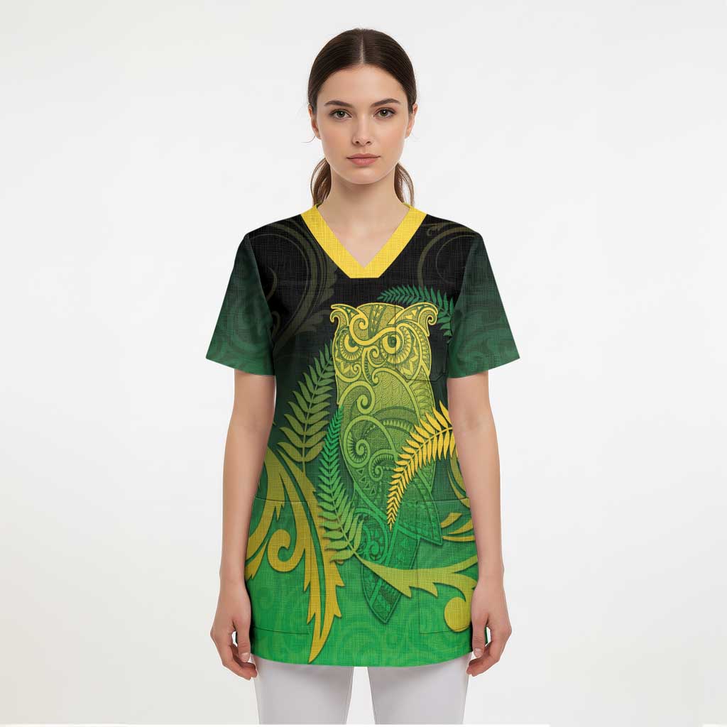 New Zealand Aotearoa Ruru Scrub Top Maori Fern Art Green - Polynesian Pride
