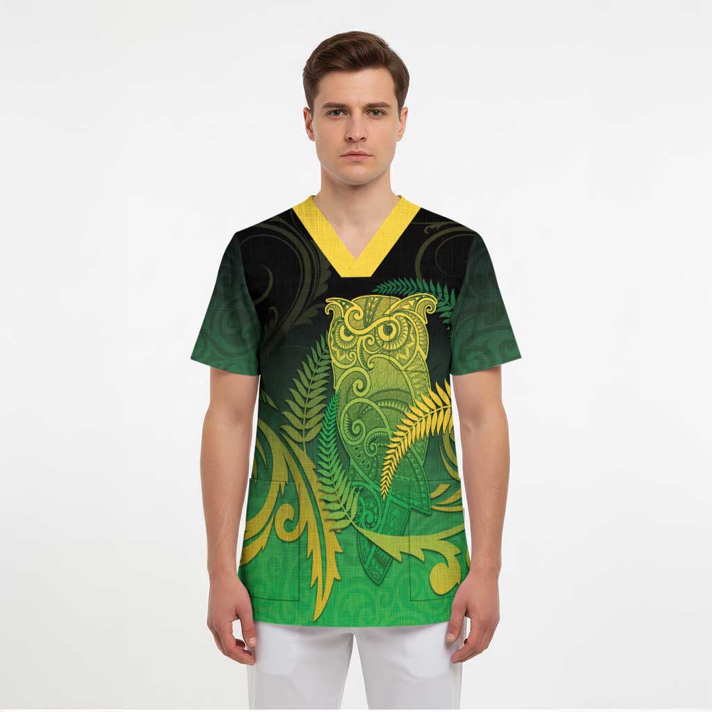 New Zealand Aotearoa Ruru Scrub Top Maori Fern Art Green - Polynesian Pride