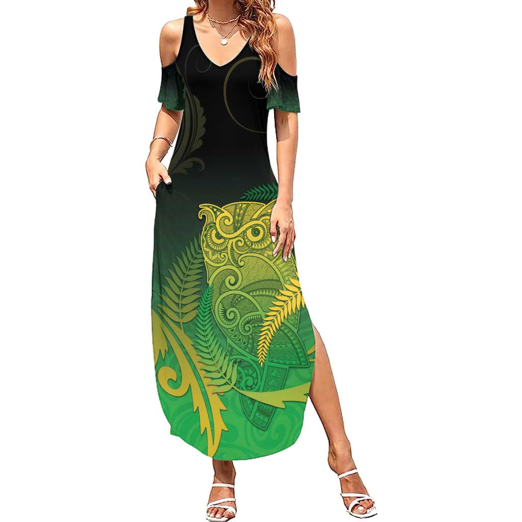 New Zealand Aotearoa Ruru Summer Maxi Dress Maori Fern Art Green