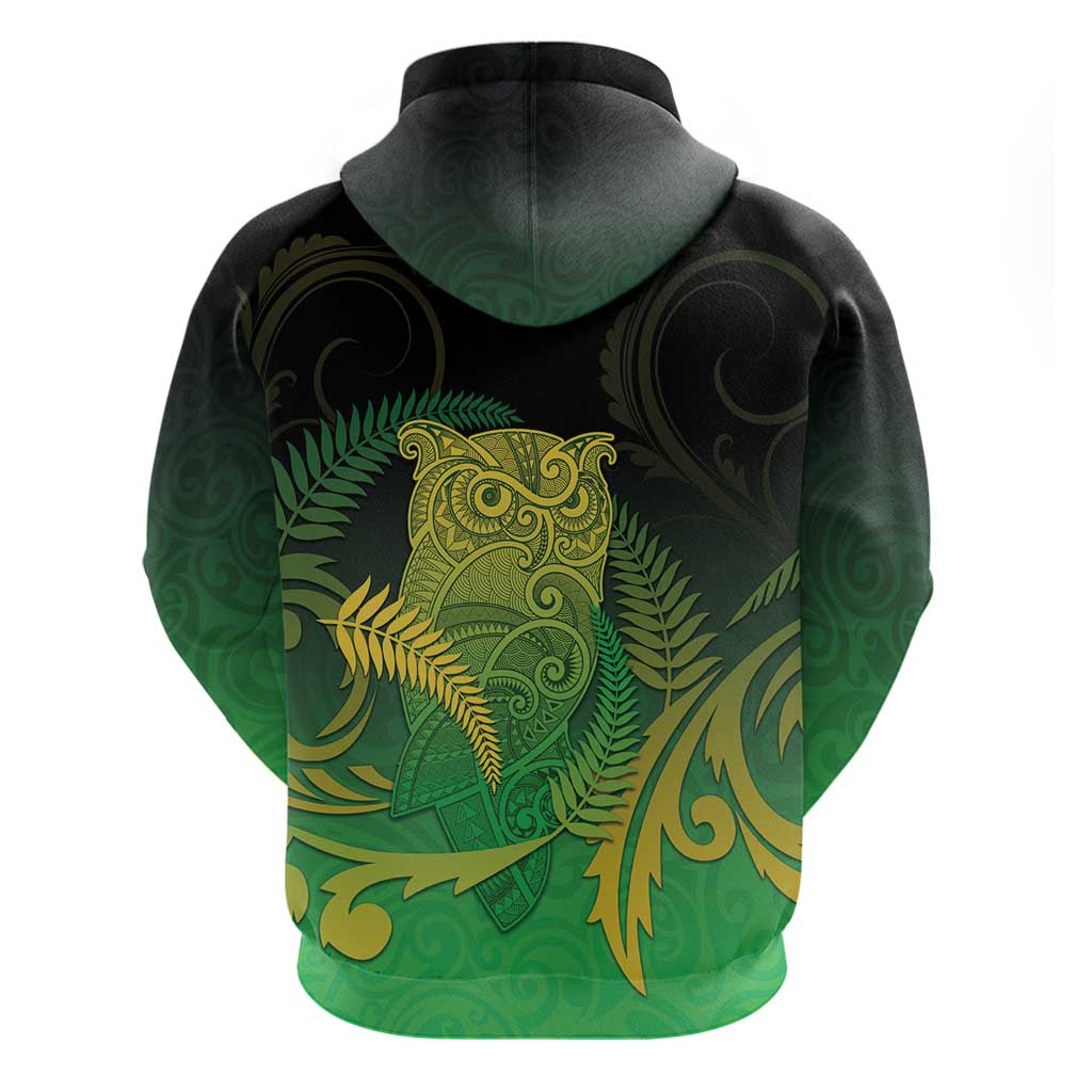 New Zealand Aotearoa Ruru Zip Hoodie Maori Fern Art Green