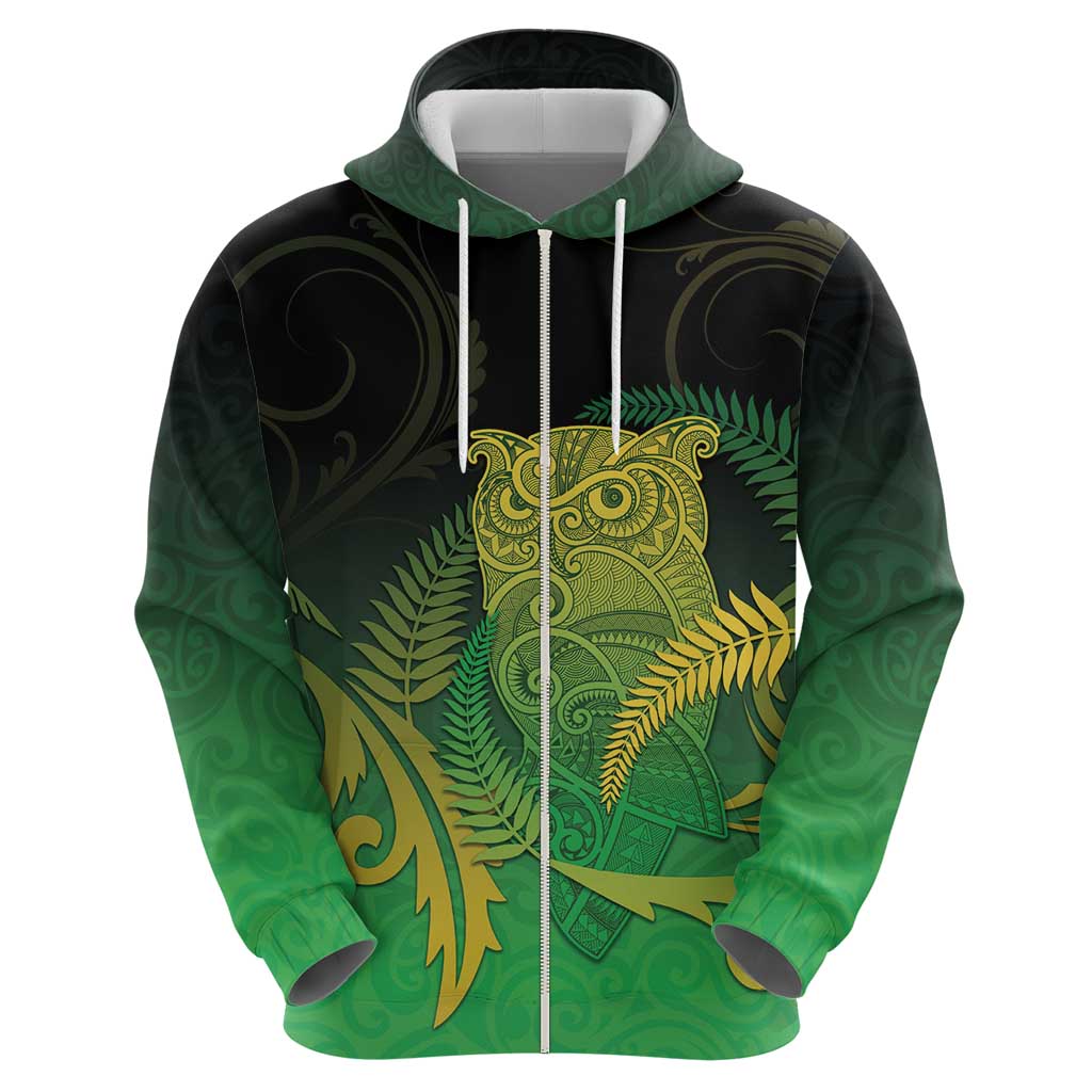 New Zealand Aotearoa Ruru Zip Hoodie Maori Fern Art Green