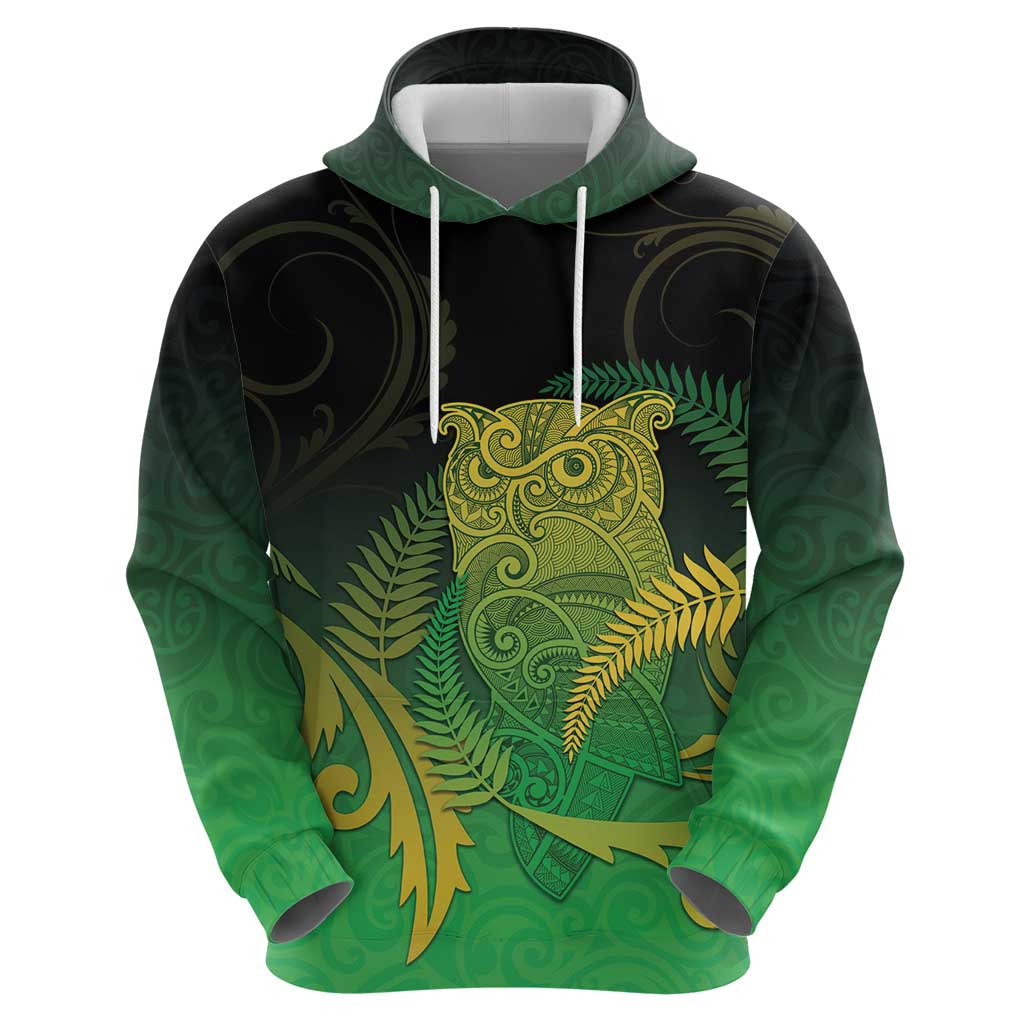 New Zealand Aotearoa Ruru Zip Hoodie Maori Fern Art Green