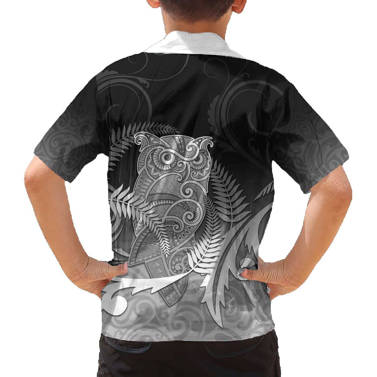 New Zealand Aotearoa Ruru Family Matching Off The Shoulder Long Sleeve Dress and Hawaiian Shirt Maori Fern Art Black