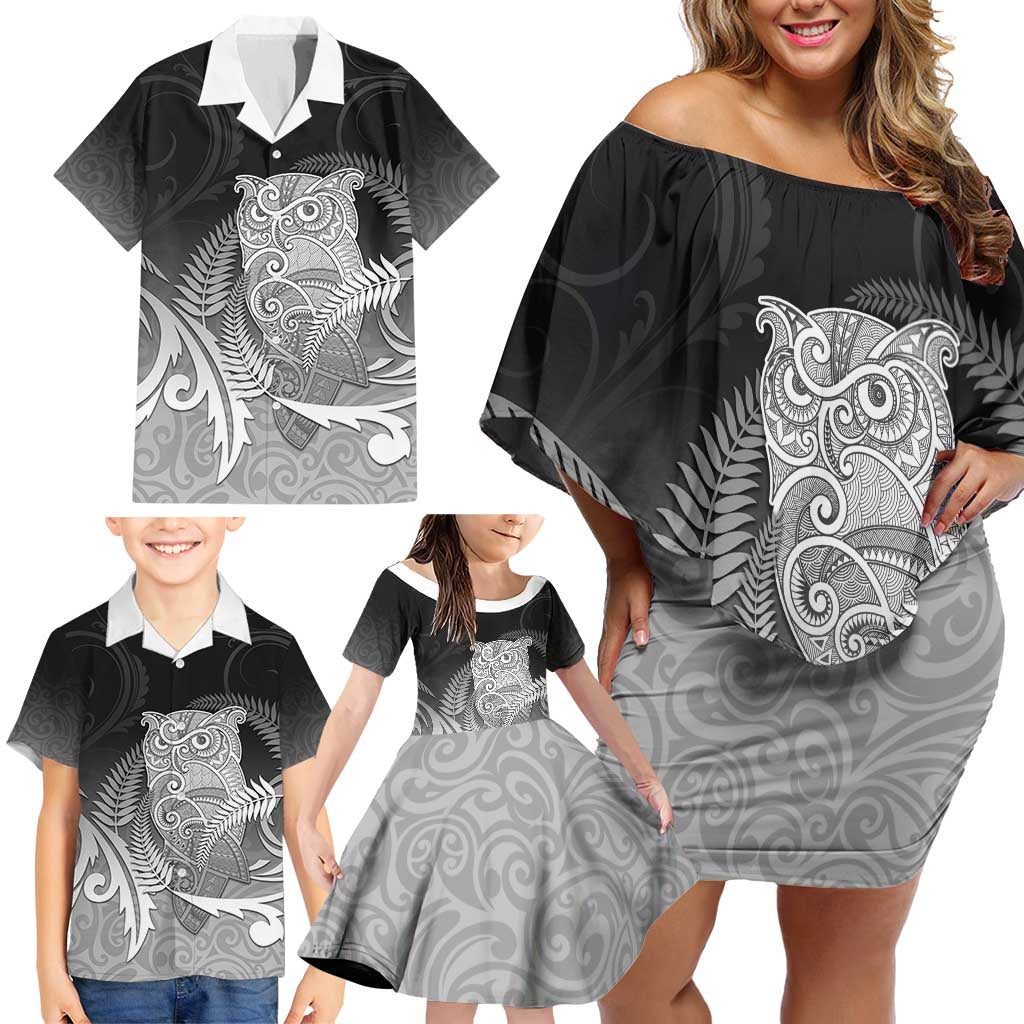 New Zealand Aotearoa Ruru Family Matching Off Shoulder Short Dress and Hawaiian Shirt Maori Fern Art Black