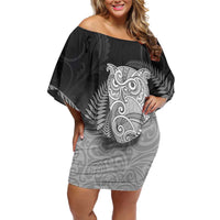 New Zealand Aotearoa Ruru Family Matching Off Shoulder Short Dress and Hawaiian Shirt Maori Fern Art Black