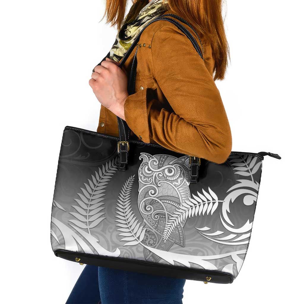 New Zealand Aotearoa Ruru Leather Tote Bag Maori Fern Art Black