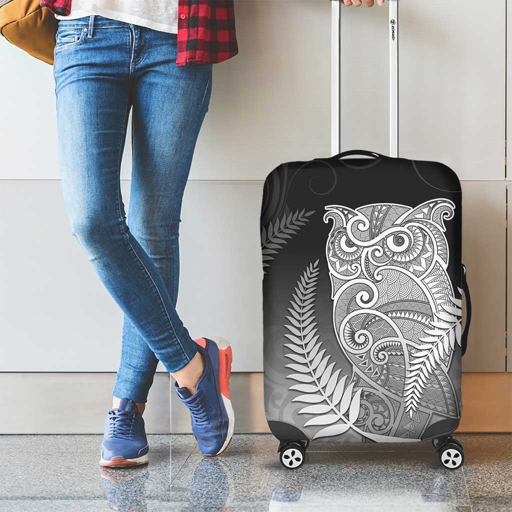 New Zealand Aotearoa Ruru Luggage Cover Maori Fern Art Black