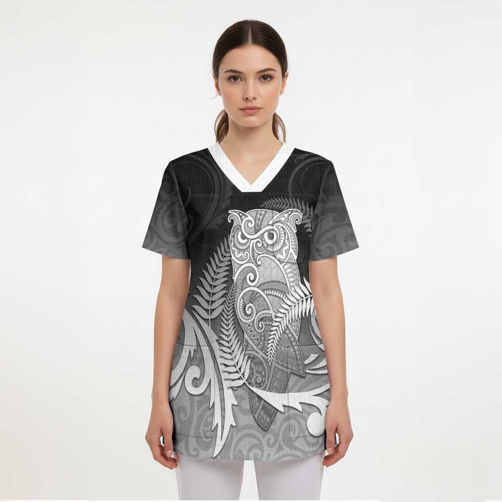 New Zealand Aotearoa Ruru Scrub Top Maori Fern Art Black - Polynesian Pride