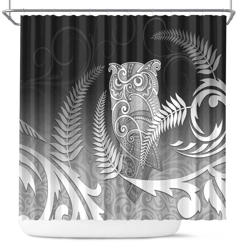 New Zealand Aotearoa Ruru Shower Curtain Maori Fern Art Black