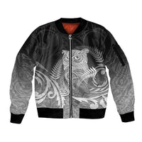 New Zealand Aotearoa Ruru Sleeve Zip Bomber Jacket Maori Fern Art Black