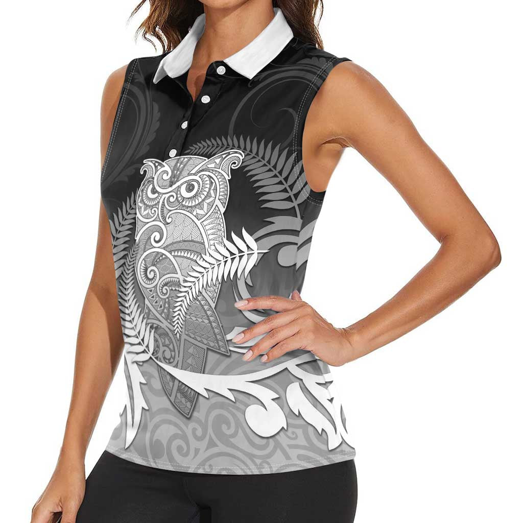 New Zealand Aotearoa Ruru Women Sleeveless Polo Shirt Maori Fern Art Black