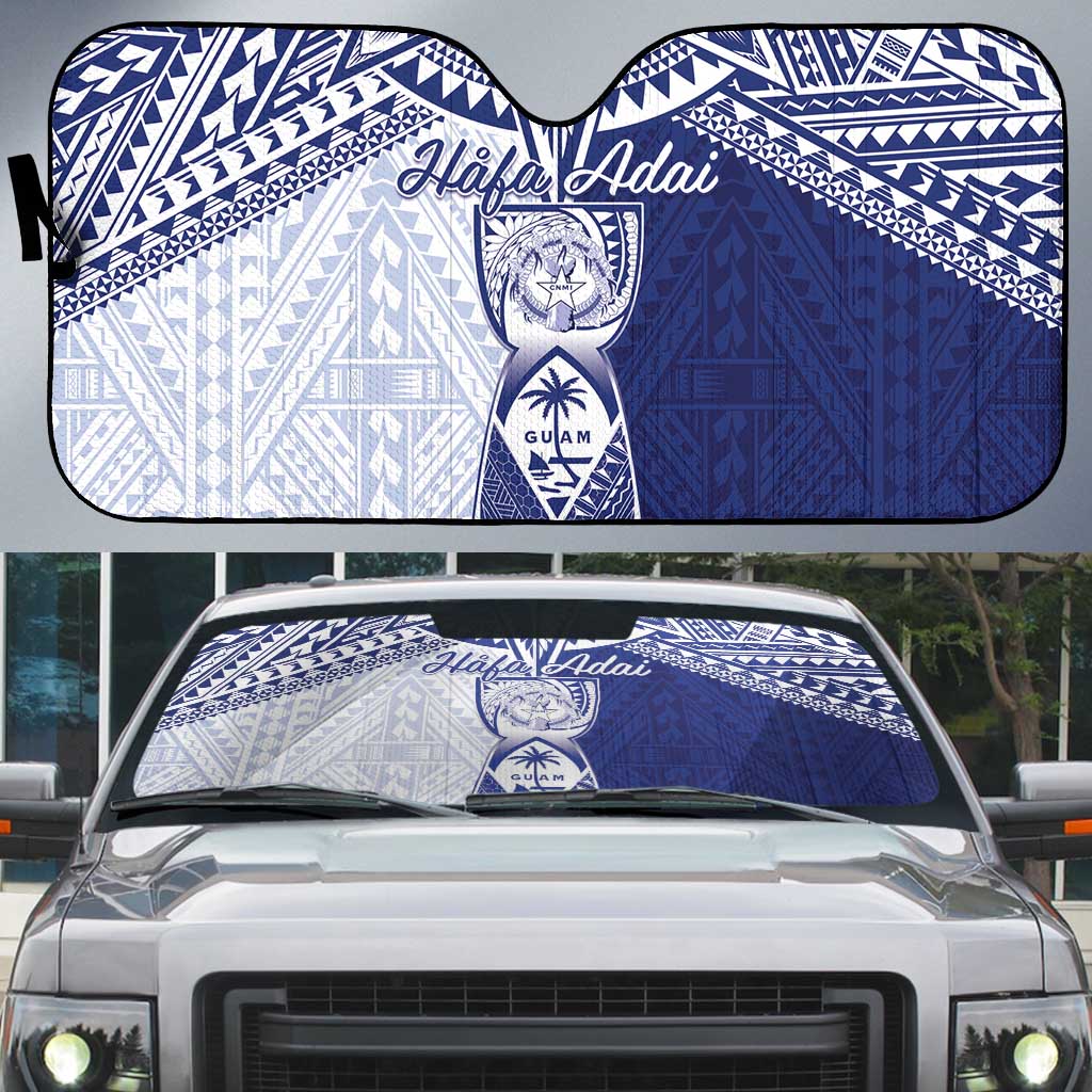 Northern Mariana Islands And Guam Auto Sun Shade Latte Stone With Tribal Pattern LT05 Blue - Polynesian Pride