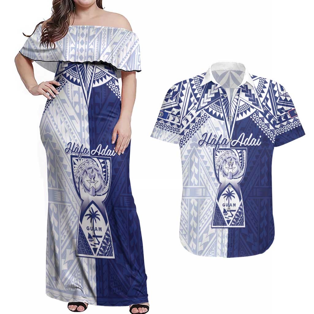 Personalised Northern Mariana Islands And Guam Couples Matching Off Shoulder Maxi Dress and Hawaiian Shirt Latte Stone With Tribal Pattern LT05 Blue - Polynesian Pride