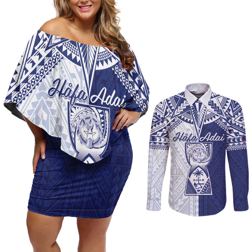 Personalised Northern Mariana Islands And Guam Couples Matching Off Shoulder Short Dress and Long Sleeve Button Shirt Latte Stone With Tribal Pattern LT05 Blue - Polynesian Pride