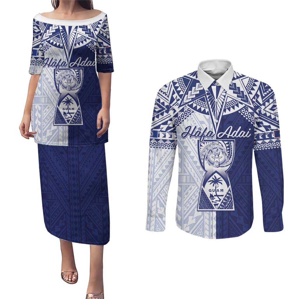 Personalised Northern Mariana Islands And Guam Couples Matching Puletasi and Long Sleeve Button Shirt Latte Stone With Tribal Pattern LT05 Blue - Polynesian Pride