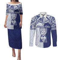 Personalised Northern Mariana Islands And Guam Couples Matching Puletasi and Long Sleeve Button Shirt Latte Stone With Tribal Pattern LT05 Blue - Polynesian Pride