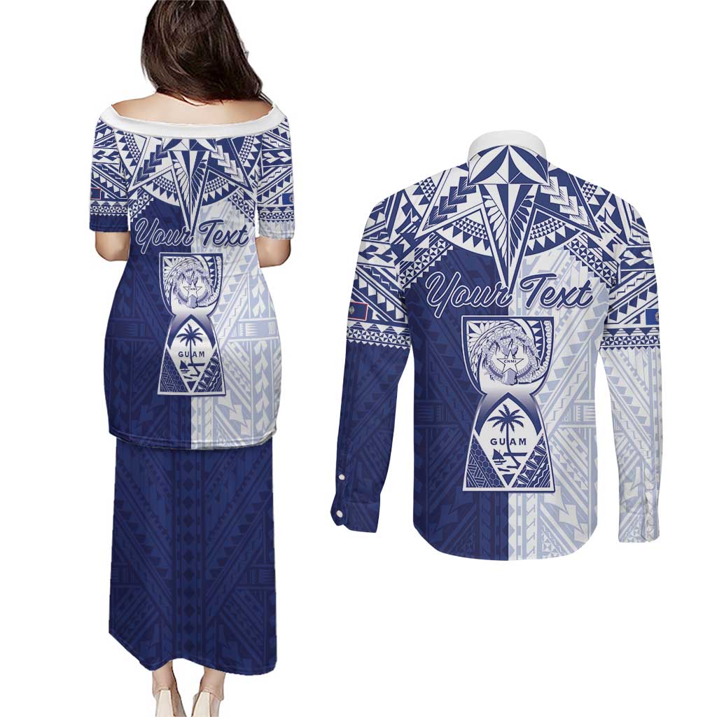 Personalised Northern Mariana Islands And Guam Couples Matching Puletasi and Long Sleeve Button Shirt Latte Stone With Tribal Pattern LT05 - Polynesian Pride