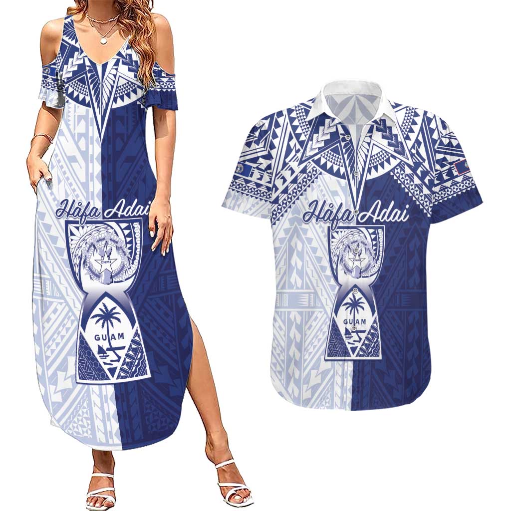 Personalised Northern Mariana Islands And Guam Couples Matching Summer Maxi Dress and Hawaiian Shirt Latte Stone With Tribal Pattern LT05 Blue - Polynesian Pride