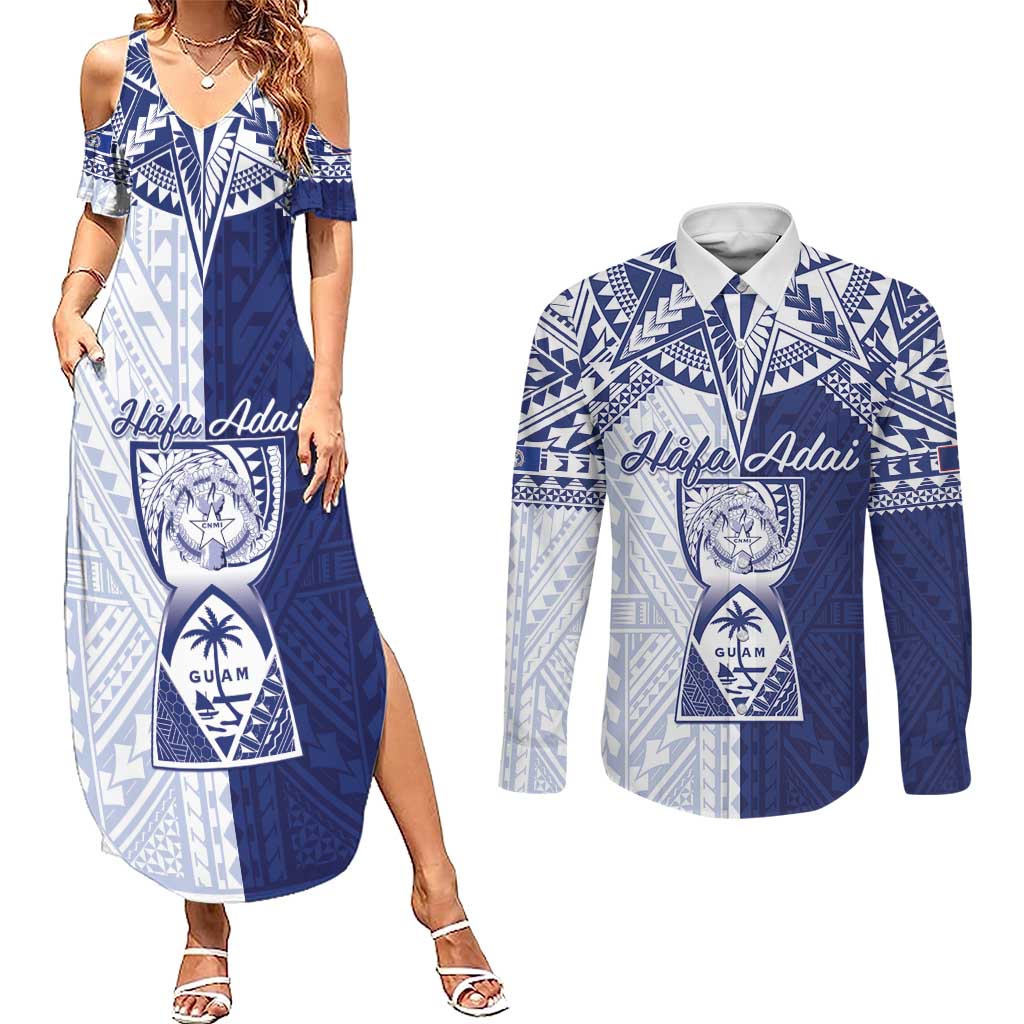Personalised Northern Mariana Islands And Guam Couples Matching Summer Maxi Dress and Long Sleeve Button Shirt Latte Stone With Tribal Pattern LT05 Blue - Polynesian Pride
