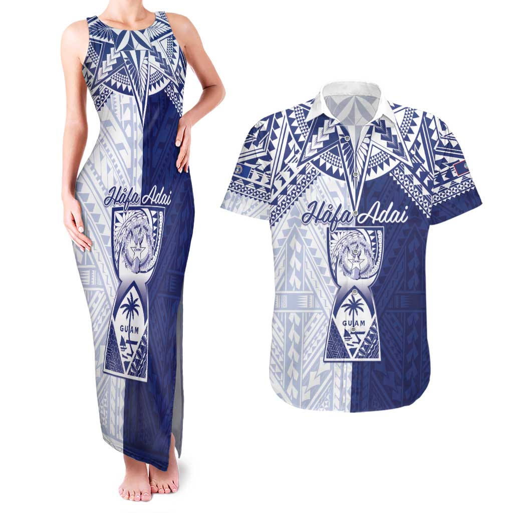 Personalised Northern Mariana Islands And Guam Couples Matching Tank Maxi Dress and Hawaiian Shirt Latte Stone With Tribal Pattern LT05 Blue - Polynesian Pride