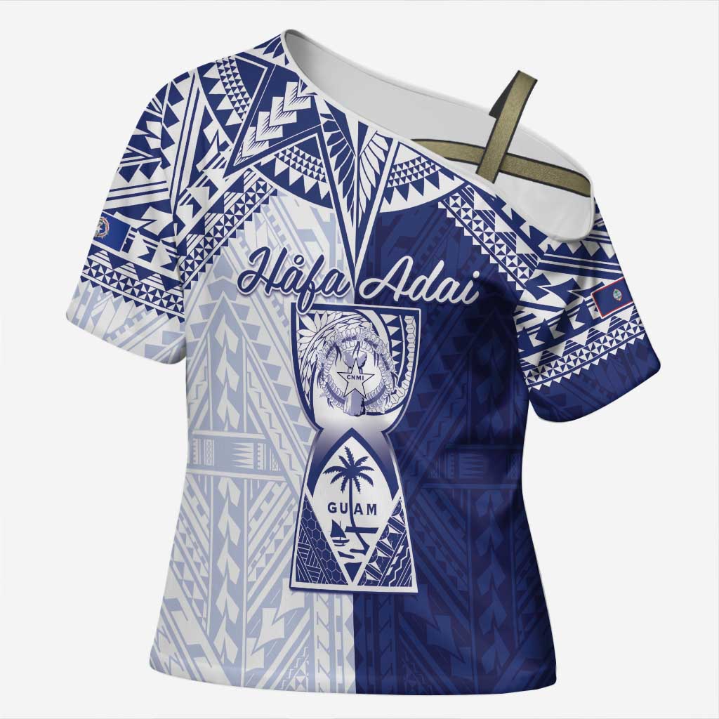 Personalised Northern Mariana Islands And Guam Cross Shoulder Shirt Latte Stone With Tribal Pattern LT05 Female Blue - Polynesian Pride