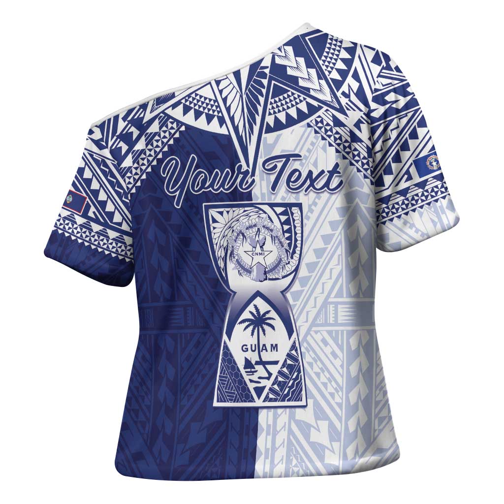 Personalised Northern Mariana Islands And Guam Cross Shoulder Shirt Latte Stone With Tribal Pattern LT05 - Polynesian Pride
