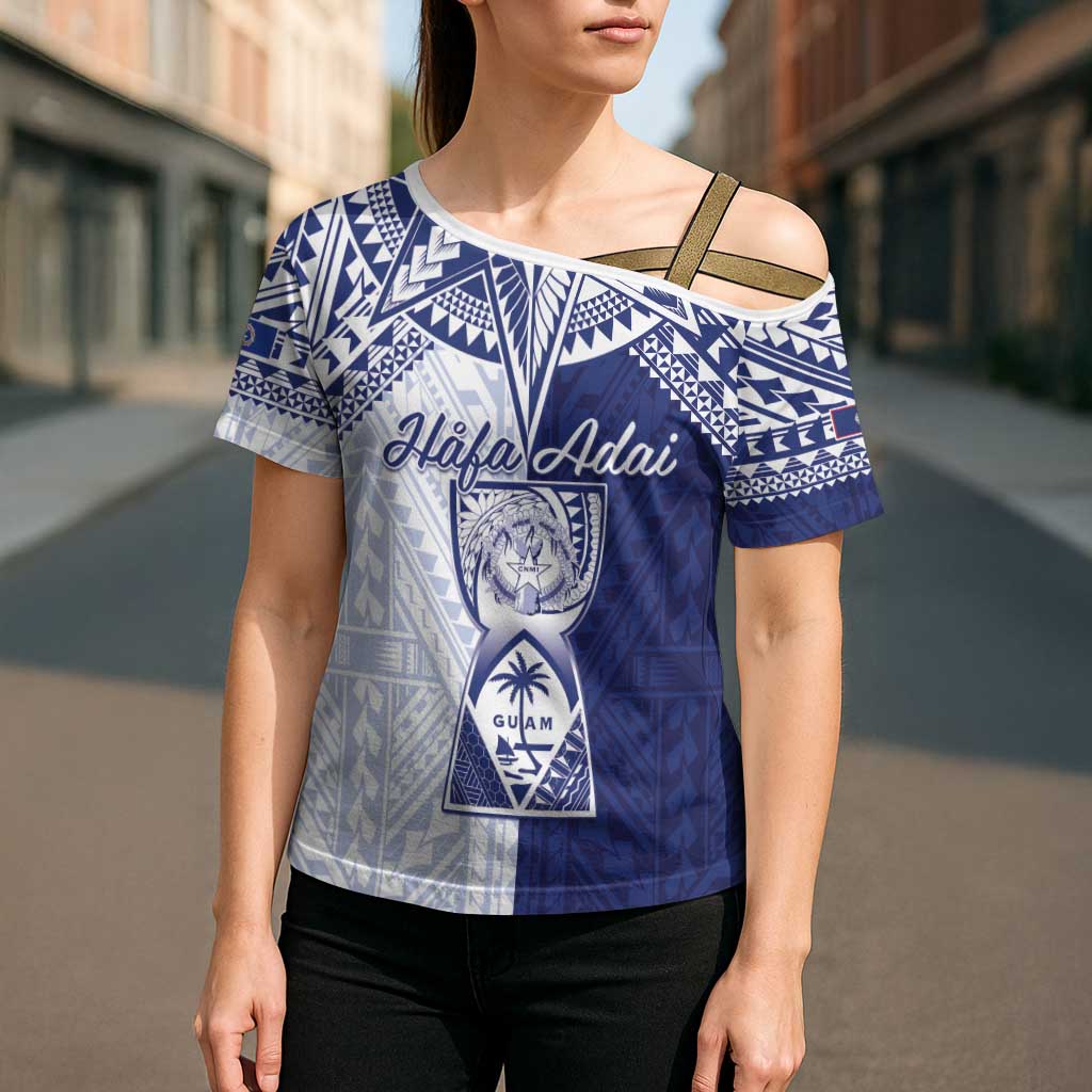 Personalised Northern Mariana Islands And Guam Cross Shoulder Shirt Latte Stone With Tribal Pattern LT05 - Polynesian Pride