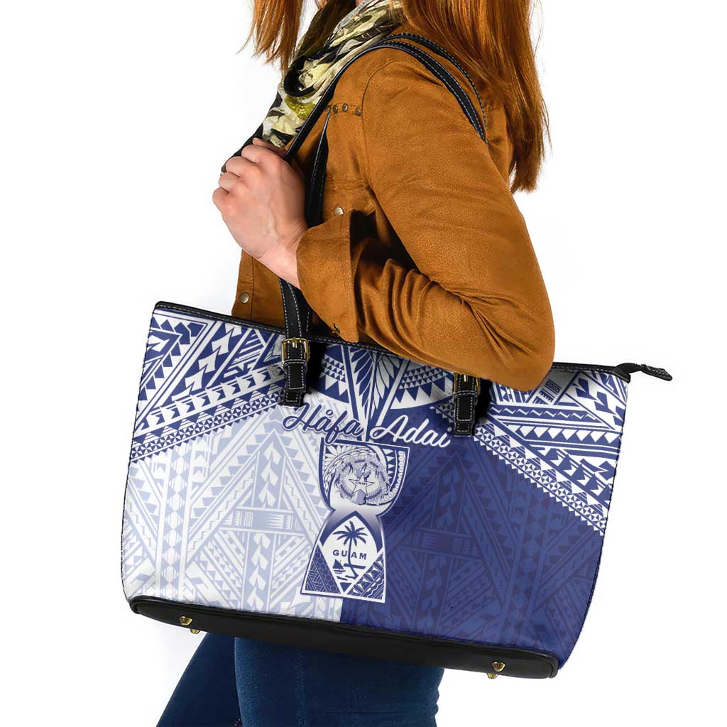 Northern Mariana Islands And Guam Leather Tote Bag Latte Stone With Tribal Pattern LT05 Blue - Polynesian Pride