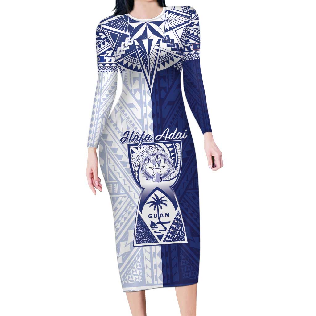 Personalised Northern Mariana Islands And Guam Long Sleeve Bodycon Dress Latte Stone With Tribal Pattern LT05 Long Dress Blue - Polynesian Pride