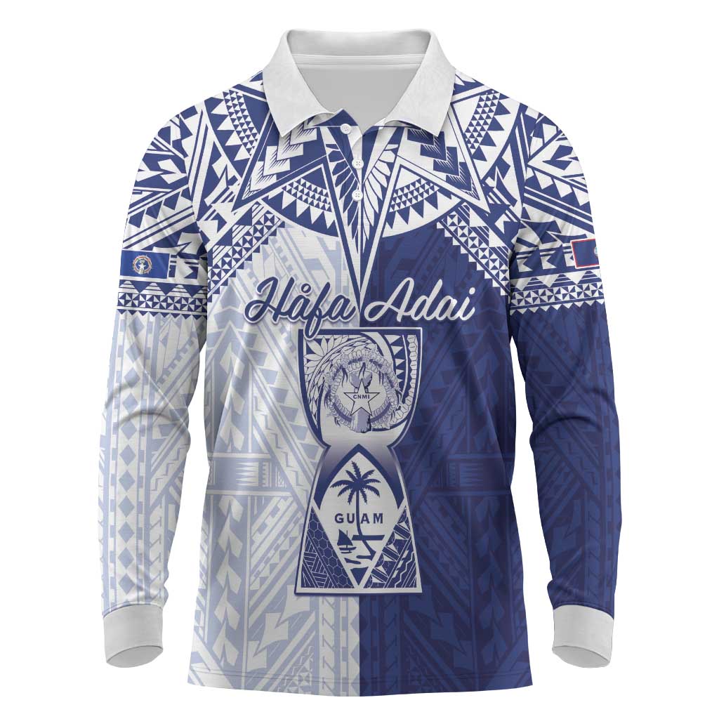 Personalised Northern Mariana Islands And Guam Long Sleeve Polo Shirt Latte Stone With Tribal Pattern LT05 Blue - Polynesian Pride