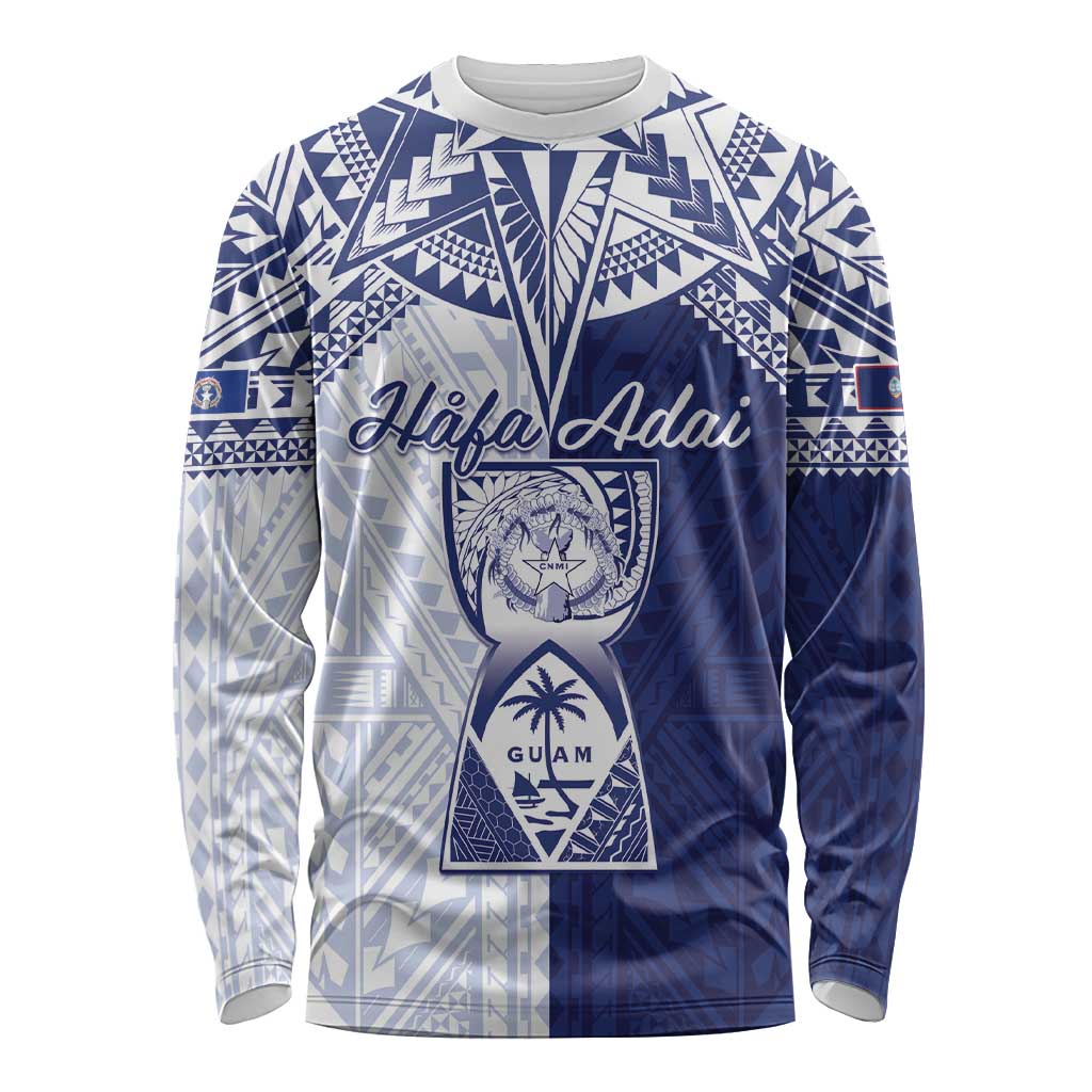 Personalised Northern Mariana Islands And Guam Long Sleeve Shirt Latte Stone With Tribal Pattern LT05 Unisex Blue - Polynesian Pride