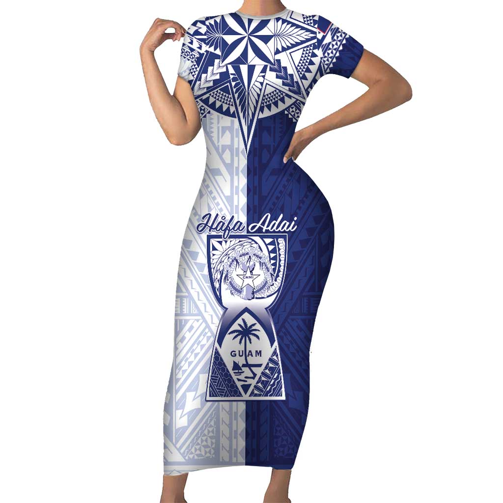 Personalised Northern Mariana Islands And Guam Short Sleeve Bodycon Dress Latte Stone With Tribal Pattern LT05 Long Dress Blue - Polynesian Pride