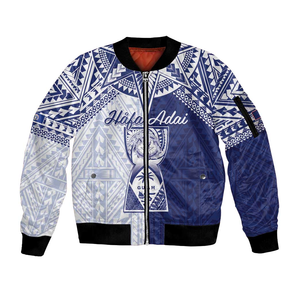 Personalised Northern Mariana Islands And Guam Sleeve Zip Bomber Jacket Latte Stone With Tribal Pattern LT05 Unisex Blue - Polynesian Pride