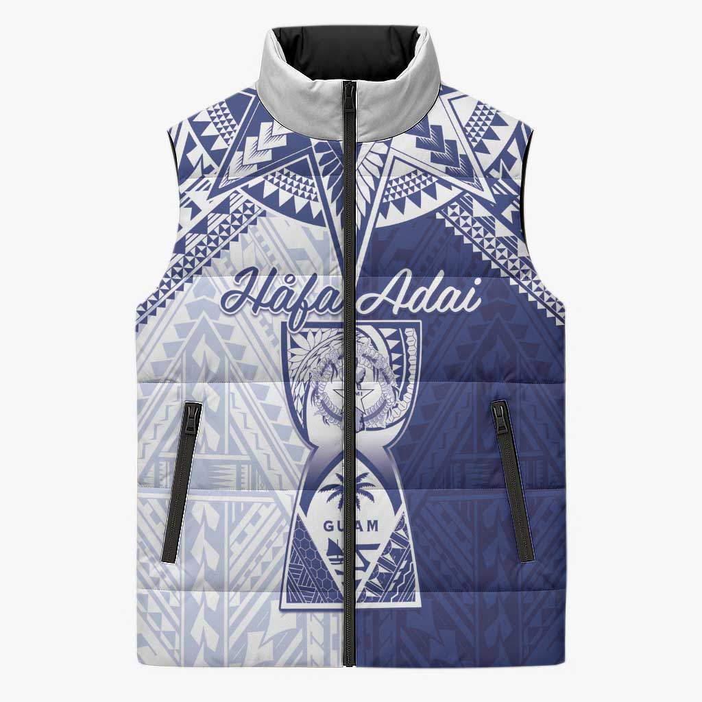 Personalised Northern Mariana Islands And Guam Sleeveless Puffer Jacket Latte Stone With Tribal Pattern LT05 Unisex Blue - Polynesian Pride