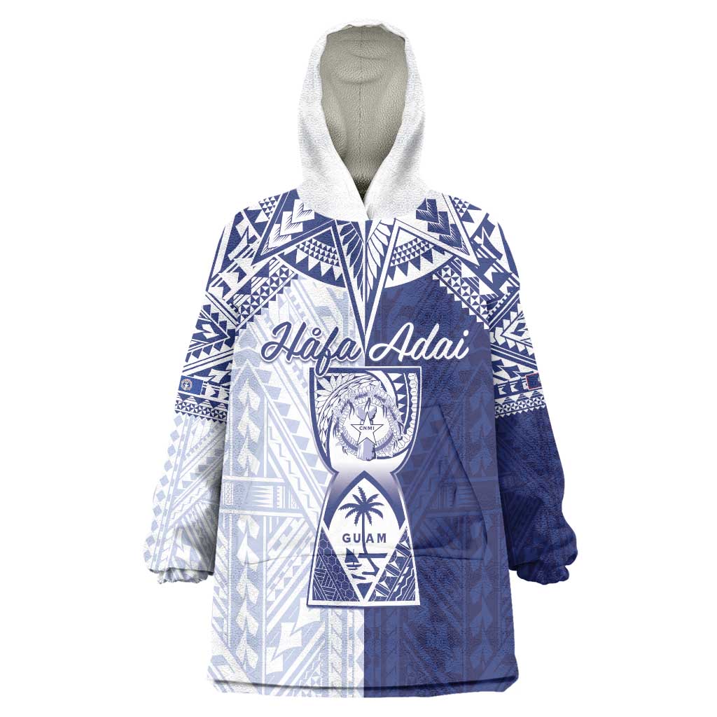 Personalised Northern Mariana Islands And Guam Wearable Blanket Hoodie Latte Stone With Tribal Pattern LT05 One Size Blue - Polynesian Pride