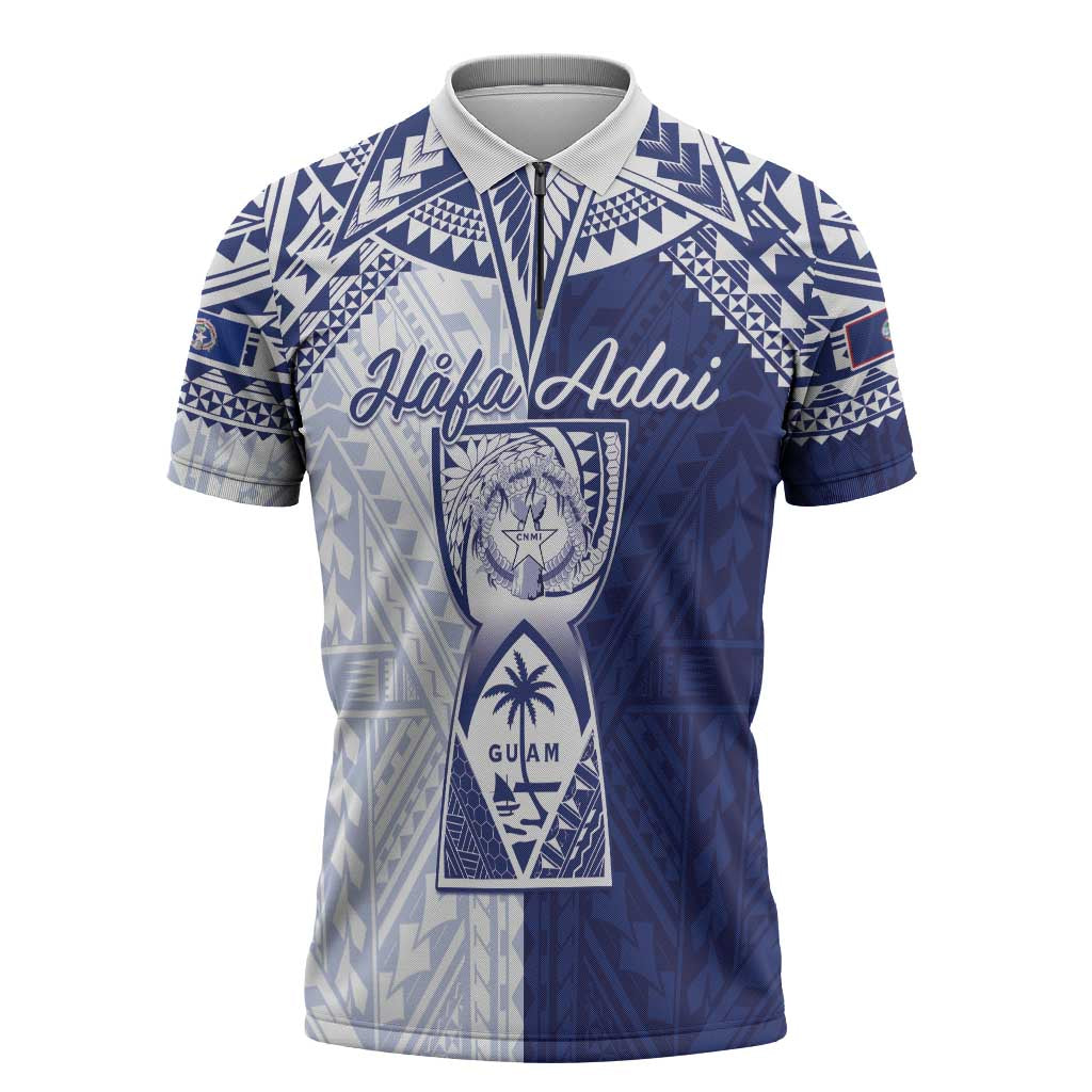 Personalised Northern Mariana Islands And Guam Zipper Polo Shirt Latte Stone With Tribal Pattern LT05 Blue - Polynesian Pride