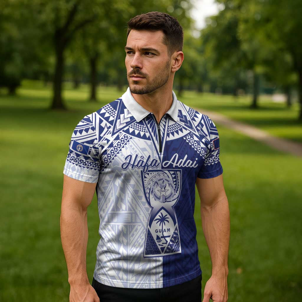 Personalised Northern Mariana Islands And Guam Zipper Polo Shirt Latte Stone With Tribal Pattern LT05 - Polynesian Pride