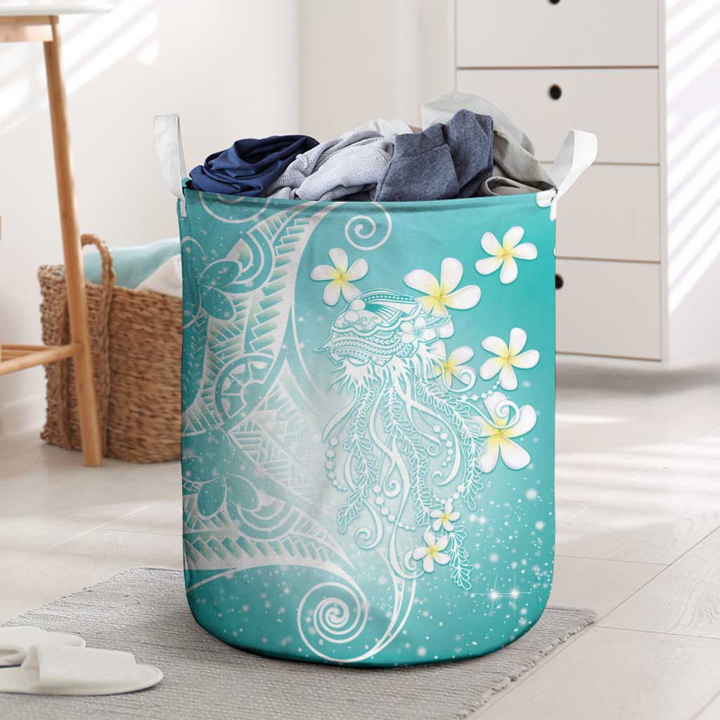 Polynesian Jellyfish Laundry Basket With Plumeria Teal