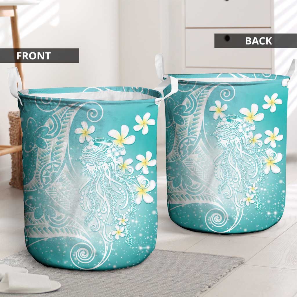Polynesian Jellyfish Laundry Basket With Plumeria Teal