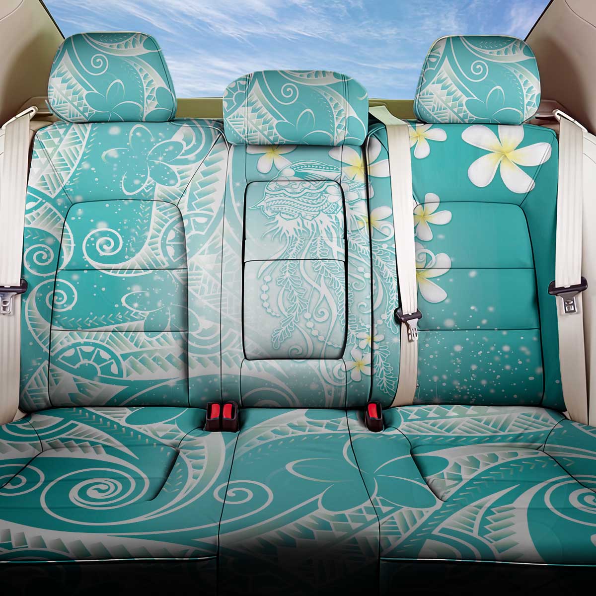Polynesian Jellyfish Back Car Seat Cover With Plumeria Teal LT05 One Size Teal - Polynesian Pride